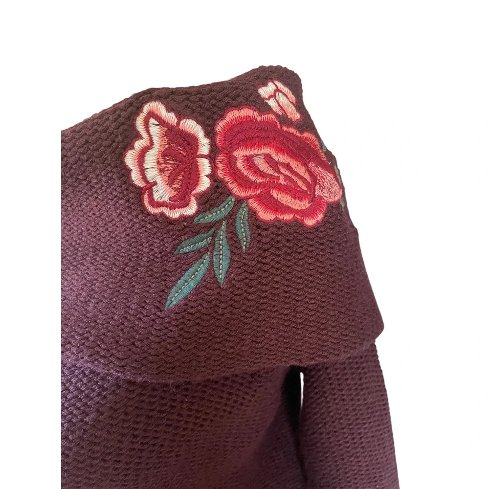 Womens Boho Cottage Floral‎ Applique Sweater Large Burgundy Shabby Romantic Chic